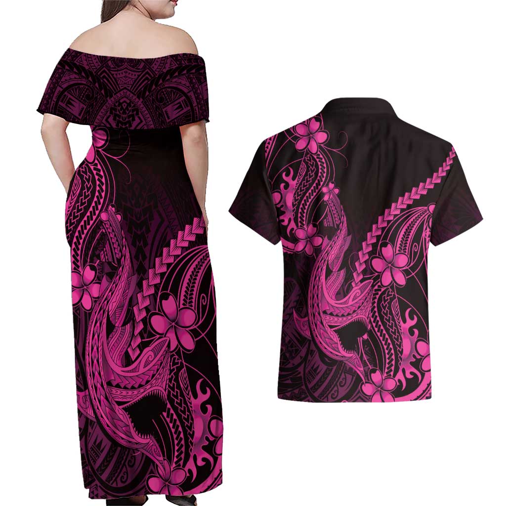 Pink Black Aloha Hawaii Couples Matching Off Shoulder Maxi Dress and Hawaiian Shirt Polynesian Shark Tattoo With Plumeria LT14 - Polynesian Pride