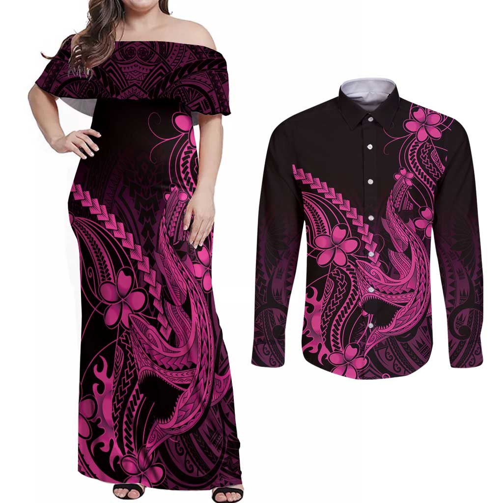 Pink Black Aloha Hawaii Couples Matching Off Shoulder Maxi Dress and Long Sleeve Button Shirt Polynesian Shark Tattoo With Plumeria LT14 Pink - Polynesian Pride