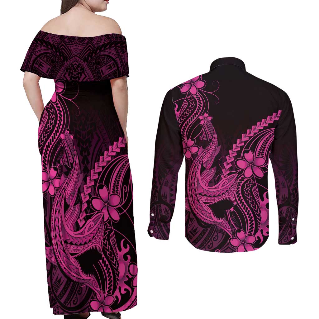 Pink Black Aloha Hawaii Couples Matching Off Shoulder Maxi Dress and Long Sleeve Button Shirt Polynesian Shark Tattoo With Plumeria LT14 - Polynesian Pride