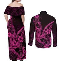 Pink Black Aloha Hawaii Couples Matching Off Shoulder Maxi Dress and Long Sleeve Button Shirt Polynesian Shark Tattoo With Plumeria LT14 - Polynesian Pride