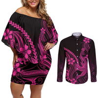 Pink Black Aloha Hawaii Couples Matching Off Shoulder Short Dress and Long Sleeve Button Shirt Polynesian Shark Tattoo With Plumeria LT14 Pink - Polynesian Pride