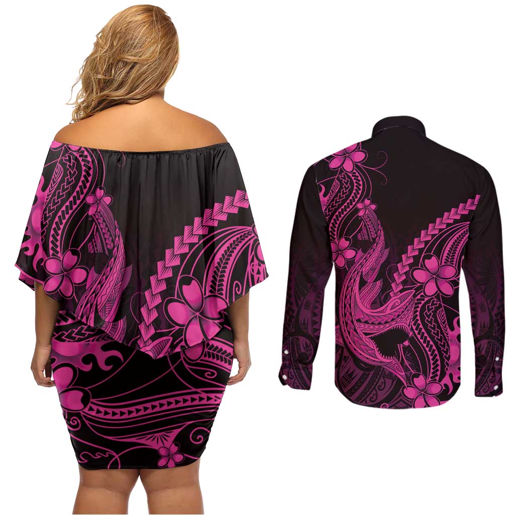 Pink Black Aloha Hawaii Couples Matching Off Shoulder Short Dress and Long Sleeve Button Shirt Polynesian Shark Tattoo With Plumeria LT14 - Polynesian Pride