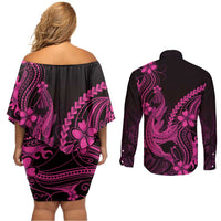 Pink Black Aloha Hawaii Couples Matching Off Shoulder Short Dress and Long Sleeve Button Shirt Polynesian Shark Tattoo With Plumeria LT14 - Polynesian Pride