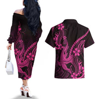 Pink Black Aloha Hawaii Couples Matching Off The Shoulder Long Sleeve Dress and Hawaiian Shirt Polynesian Shark Tattoo With Plumeria LT14 - Polynesian Pride