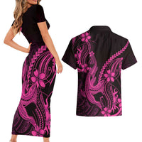 Pink Black Aloha Hawaii Couples Matching Short Sleeve Bodycon Dress and Hawaiian Shirt Polynesian Shark Tattoo With Plumeria LT14 - Polynesian Pride