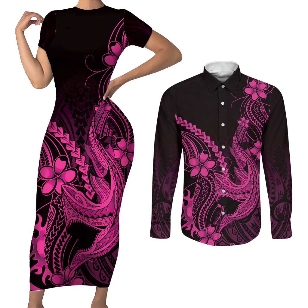 Pink Black Aloha Hawaii Couples Matching Short Sleeve Bodycon Dress and Long Sleeve Button Shirt Polynesian Shark Tattoo With Plumeria - Polynesian Pride