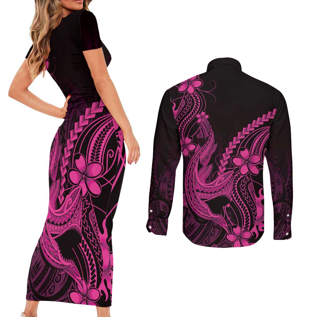 Pink Black Aloha Hawaii Couples Matching Short Sleeve Bodycon Dress and Long Sleeve Button Shirt Polynesian Shark Tattoo With Plumeria LT14 - Polynesian Pride