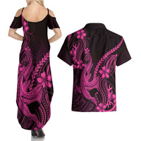 Pink Black Aloha Hawaii Couples Matching Summer Maxi Dress and Hawaiian Shirt Polynesian Shark Tattoo With Plumeria LT14 - Polynesian Pride