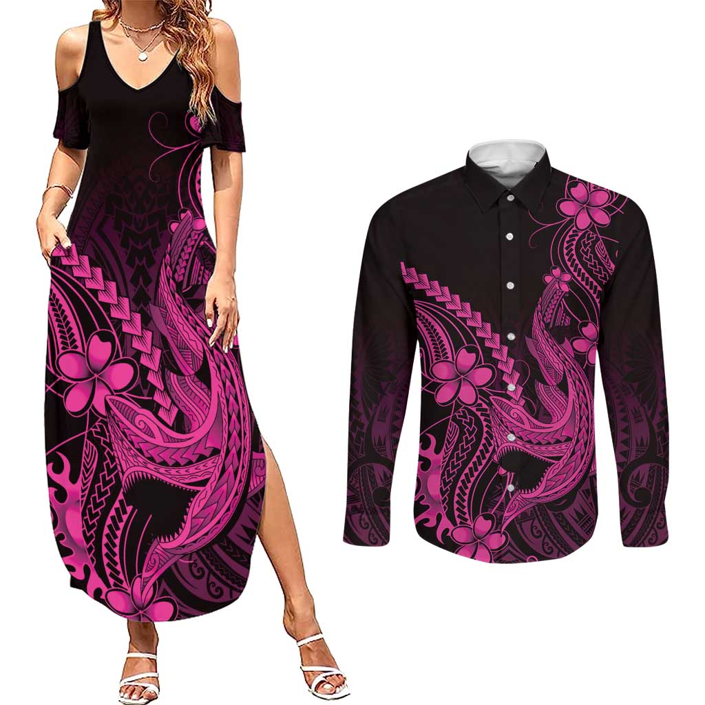 Pink Black Aloha Hawaii Couples Matching Summer Maxi Dress and Long Sleeve Button Shirt Polynesian Shark Tattoo With Plumeria LT14 Pink - Polynesian Pride