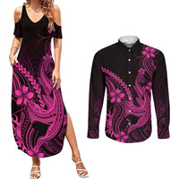 Pink Black Aloha Hawaii Couples Matching Summer Maxi Dress and Long Sleeve Button Shirt Polynesian Shark Tattoo With Plumeria LT14 Pink - Polynesian Pride