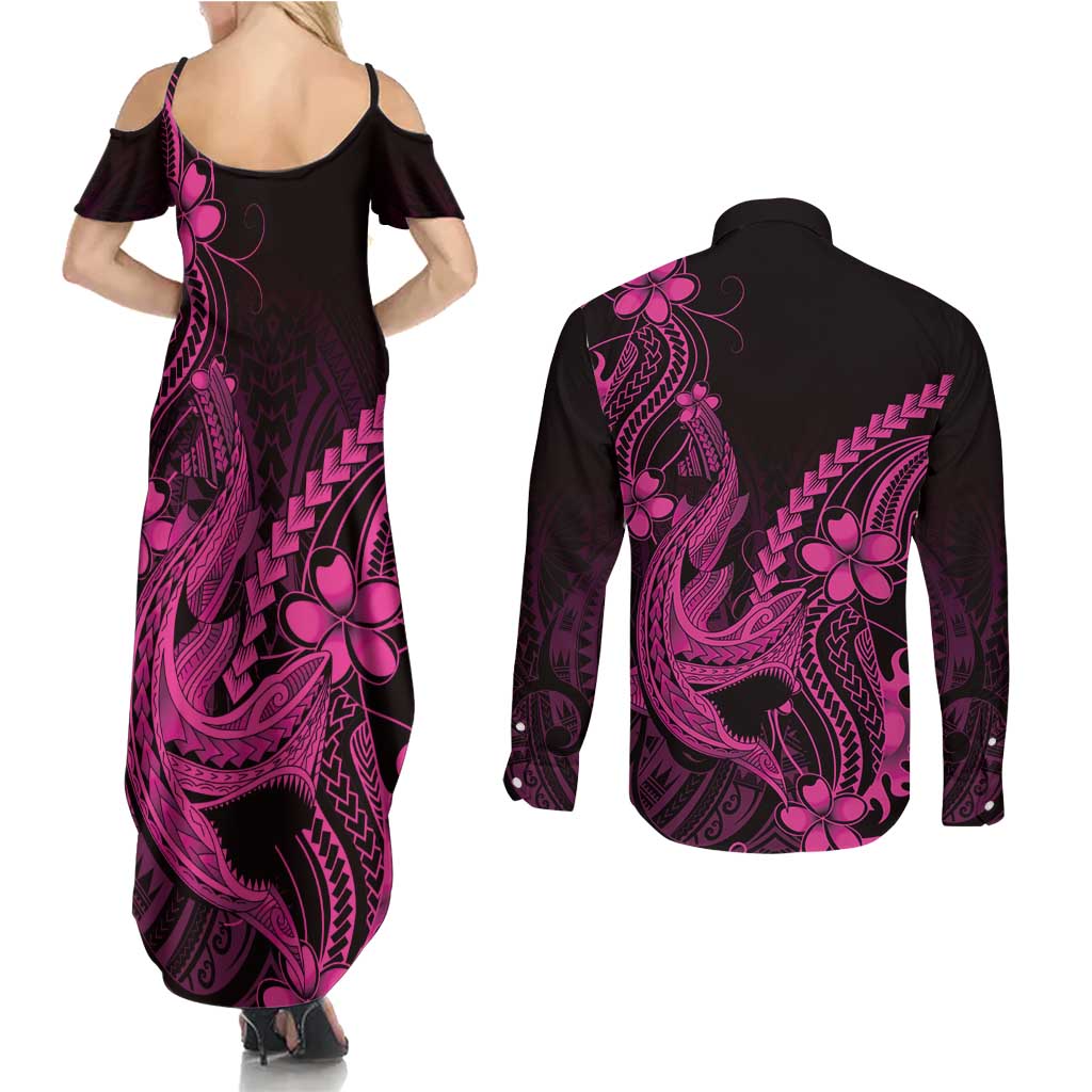 Pink Black Aloha Hawaii Couples Matching Summer Maxi Dress and Long Sleeve Button Shirt Polynesian Shark Tattoo With Plumeria LT14 - Polynesian Pride