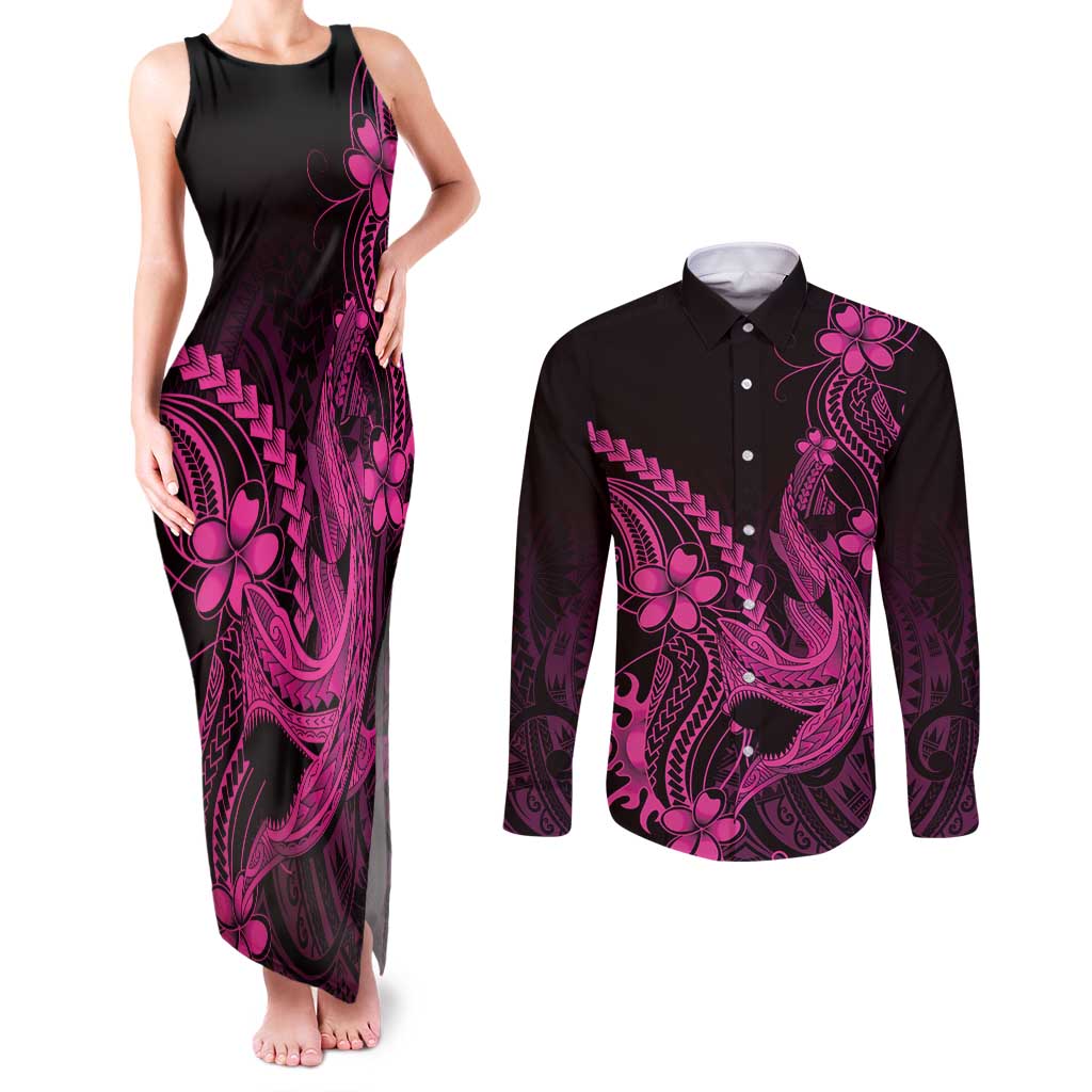 Pink Black Aloha Hawaii Couples Matching Tank Maxi Dress and Long Sleeve Button Shirt Polynesian Shark Tattoo With Plumeria LT14 Pink - Polynesian Pride