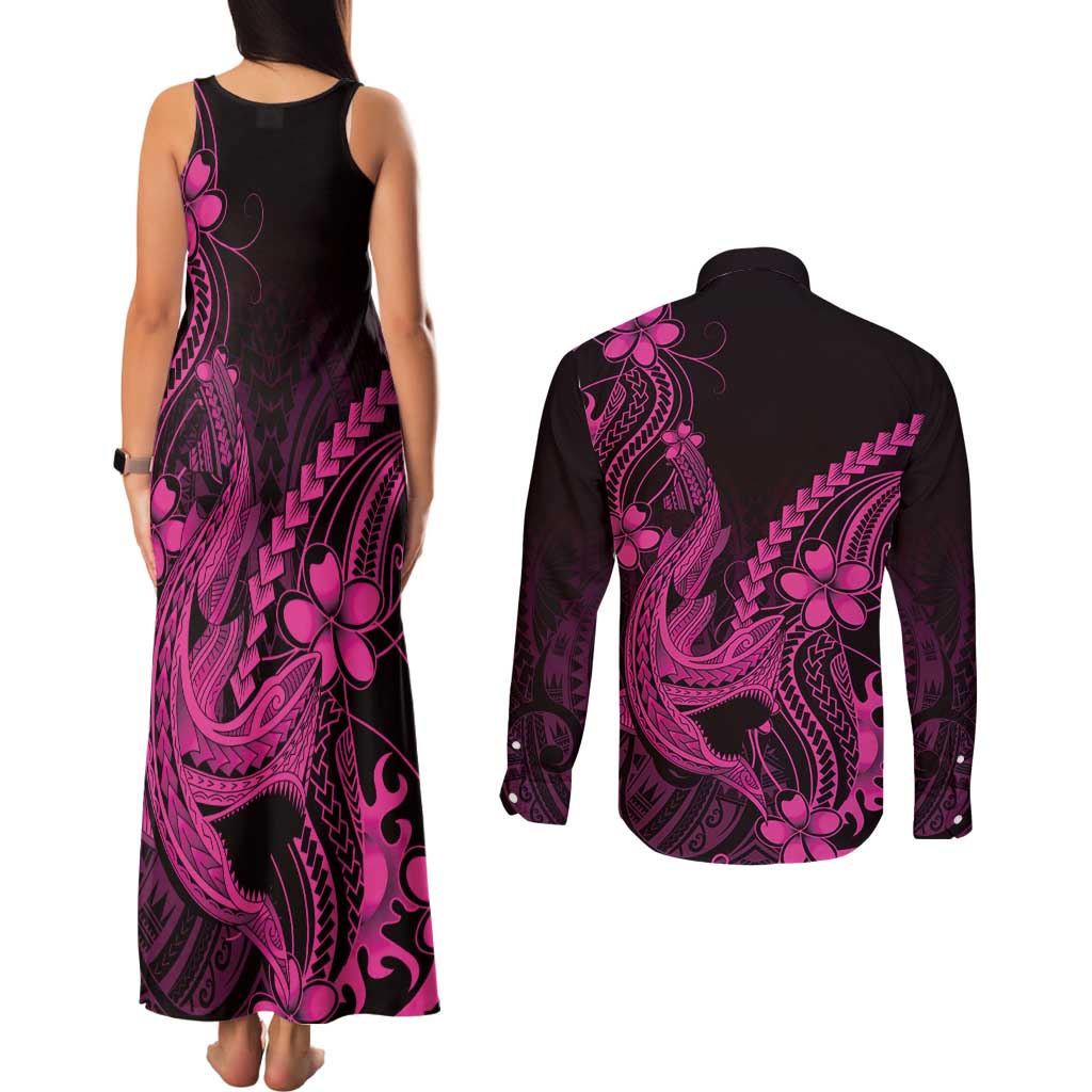Pink Black Aloha Hawaii Couples Matching Tank Maxi Dress and Long Sleeve Button Shirt Polynesian Shark Tattoo With Plumeria LT14 - Polynesian Pride