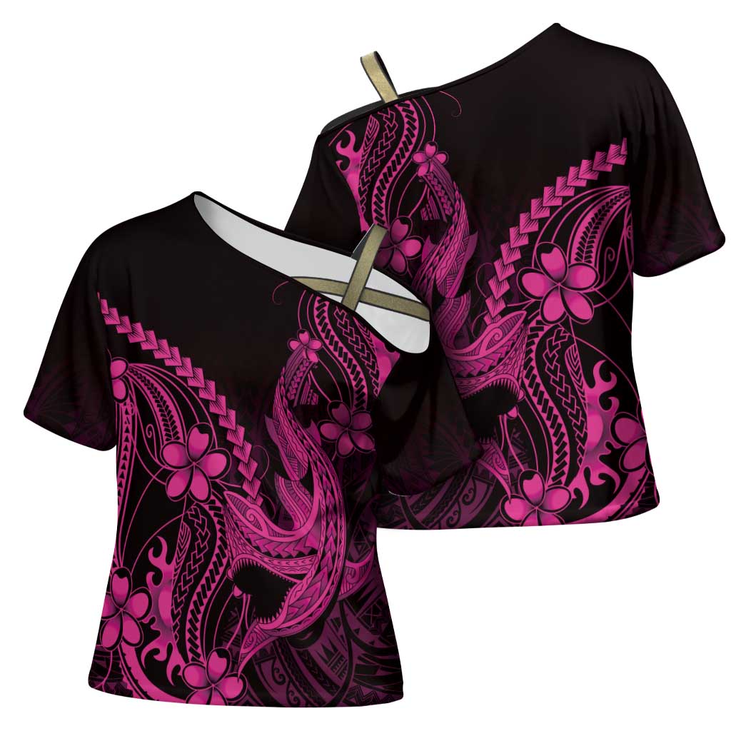 Pink Black Aloha Hawaii Cross Shoulder Shirt Polynesian Shark Tattoo With Plumeria - Polynesian Pride