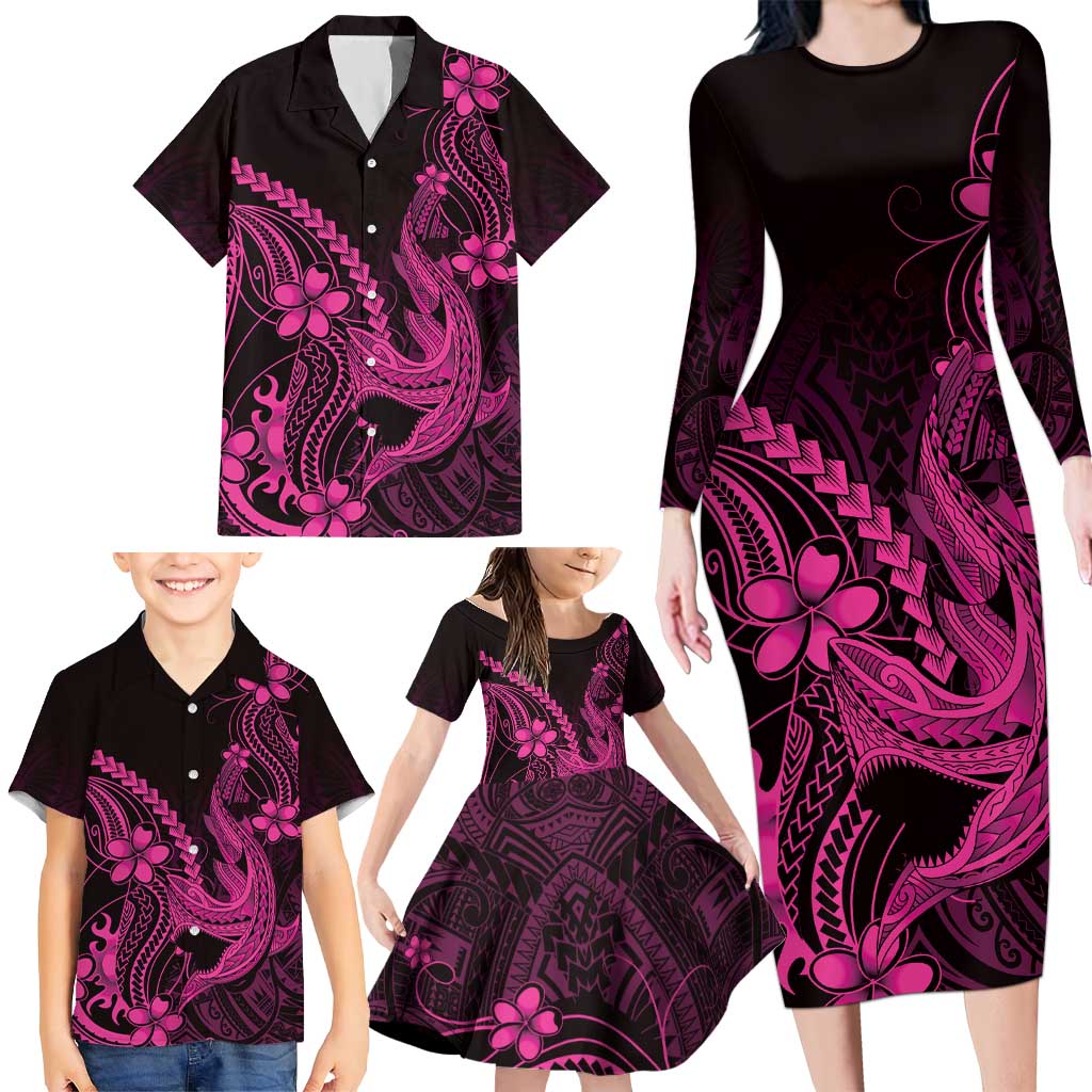 Pink Black Aloha Hawaii Family Matching Long Sleeve Bodycon Dress and Hawaiian Shirt Polynesian Shark Tattoo With Plumeria LT14 - Polynesian Pride