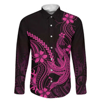 Pink Black Aloha Hawaii Family Matching Long Sleeve Bodycon Dress and Hawaiian Shirt Polynesian Shark Tattoo With Plumeria LT14 Dad's Shirt - Long Sleeve Pink - Polynesian Pride
