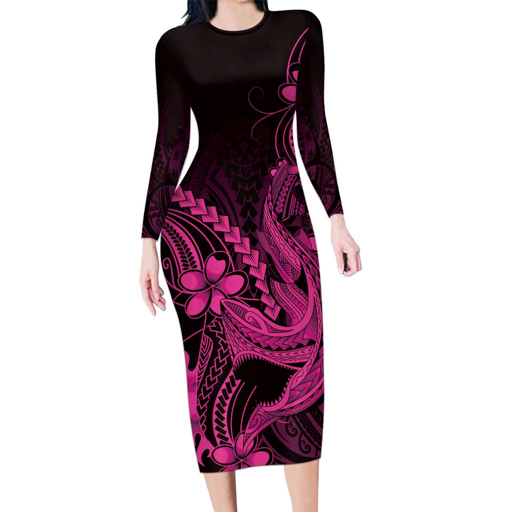 Pink Black Aloha Hawaii Family Matching Long Sleeve Bodycon Dress and Hawaiian Shirt Polynesian Shark Tattoo With Plumeria LT14 Mom's Dress Pink - Polynesian Pride