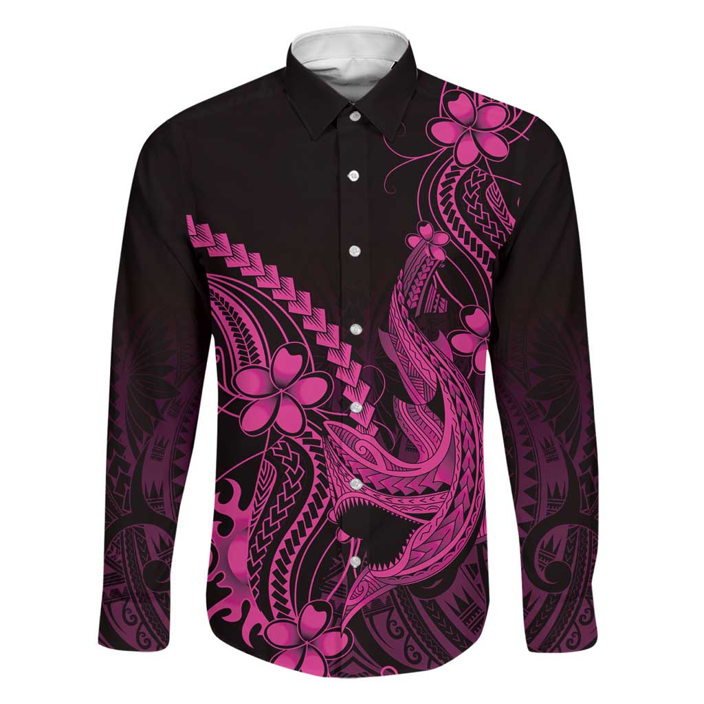 Pink Black Aloha Hawaii Family Matching Mermaid Dress and Hawaiian Shirt Polynesian Shark Tattoo With Plumeria LT14 Dad's Shirt - Long Sleeve Pink - Polynesian Pride