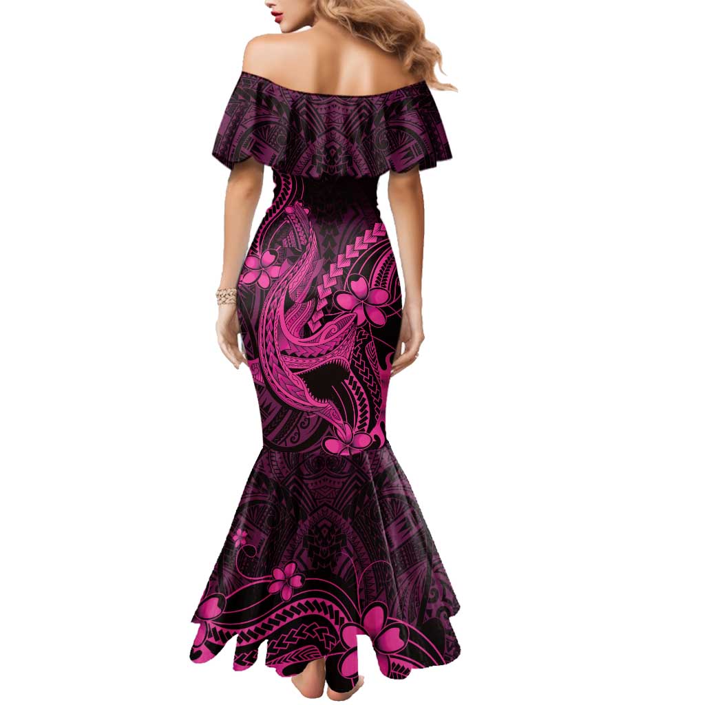 Pink Black Aloha Hawaii Family Matching Mermaid Dress and Hawaiian Shirt Polynesian Shark Tattoo With Plumeria LT14 - Polynesian Pride