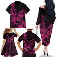 Pink Black Aloha Hawaii Family Matching Off The Shoulder Long Sleeve Dress and Hawaiian Shirt Polynesian Shark Tattoo With Plumeria LT14 - Polynesian Pride