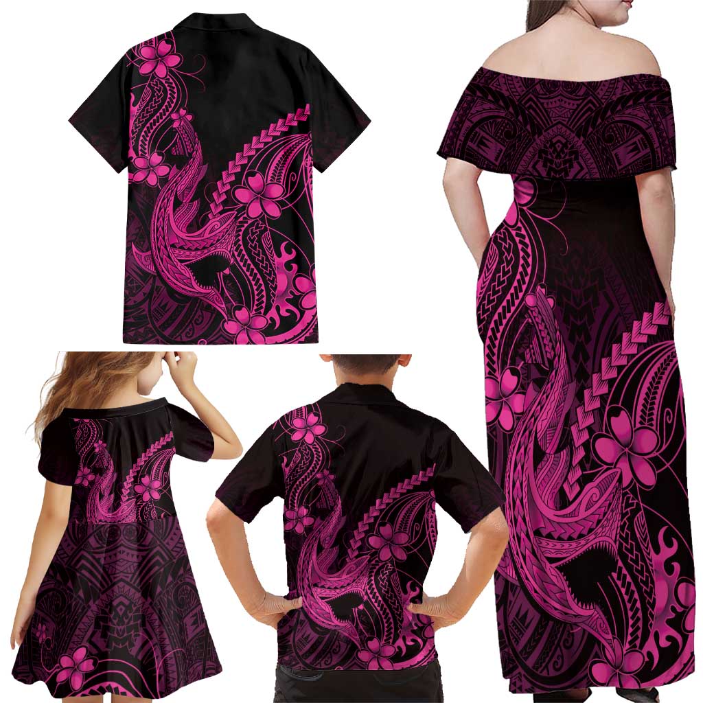 Pink Black Aloha Hawaii Family Matching Off Shoulder Maxi Dress and Hawaiian Shirt Polynesian Shark Tattoo With Plumeria LT14 - Polynesian Pride