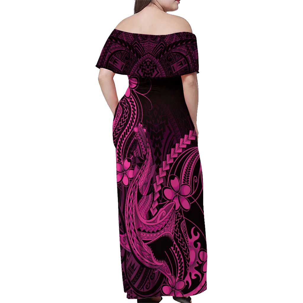 Pink Black Aloha Hawaii Family Matching Off Shoulder Maxi Dress and Hawaiian Shirt Polynesian Shark Tattoo With Plumeria LT14 - Polynesian Pride