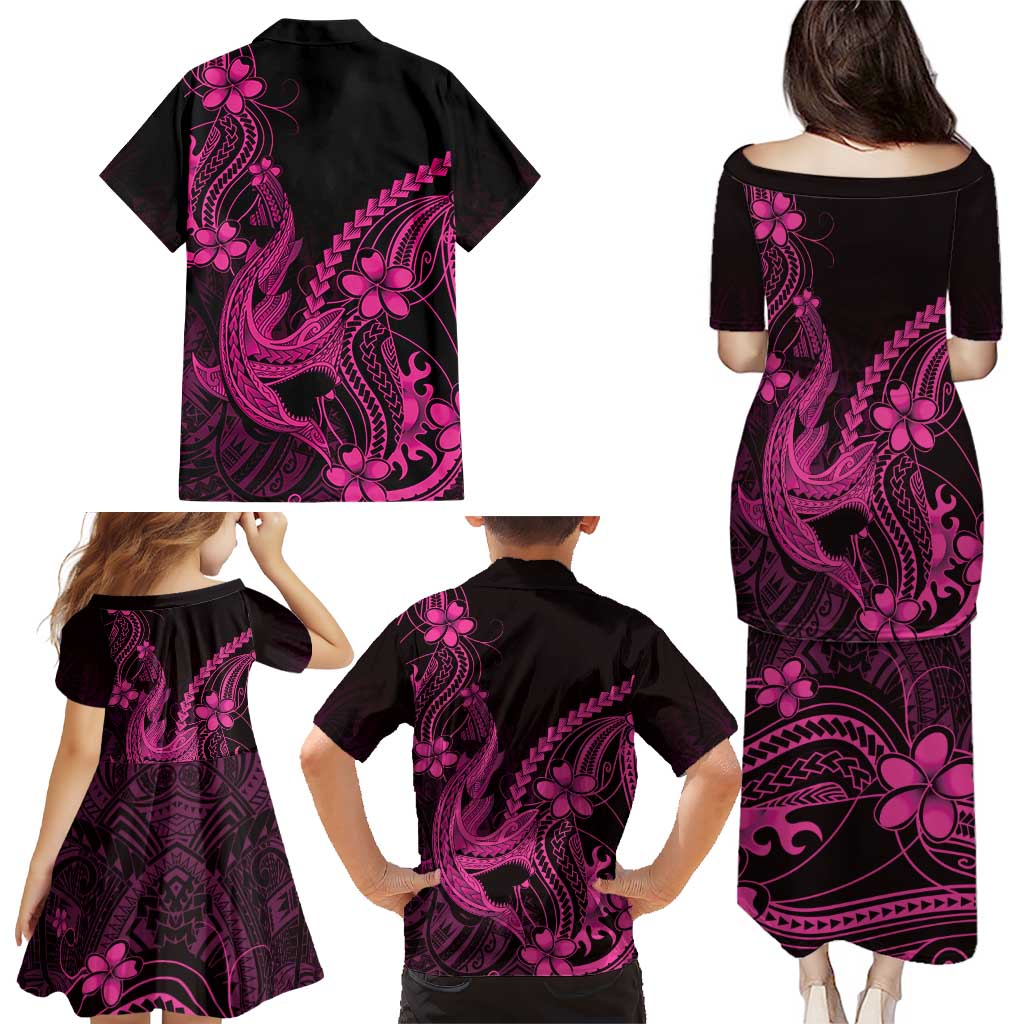 Pink Black Aloha Hawaii Family Matching Puletasi and Hawaiian Shirt Polynesian Shark Tattoo With Plumeria LT14 - Polynesian Pride