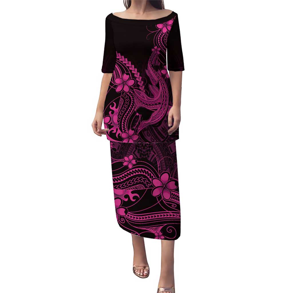 Pink Black Aloha Hawaii Family Matching Puletasi and Hawaiian Shirt Polynesian Shark Tattoo With Plumeria LT14 Mom's Dress Pink - Polynesian Pride