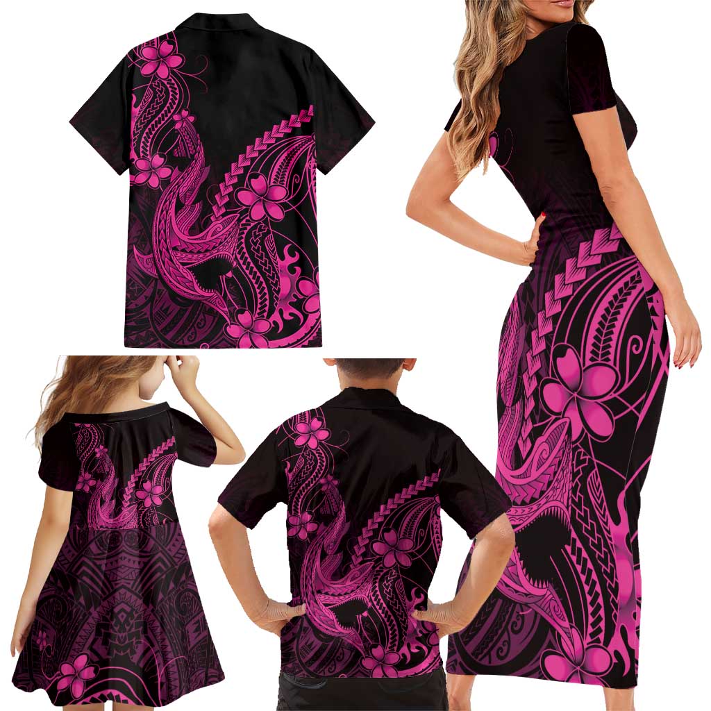 Pink Black Aloha Hawaii Family Matching Short Sleeve Bodycon Dress and Hawaiian Shirt Polynesian Shark Tattoo With Plumeria LT14 - Polynesian Pride