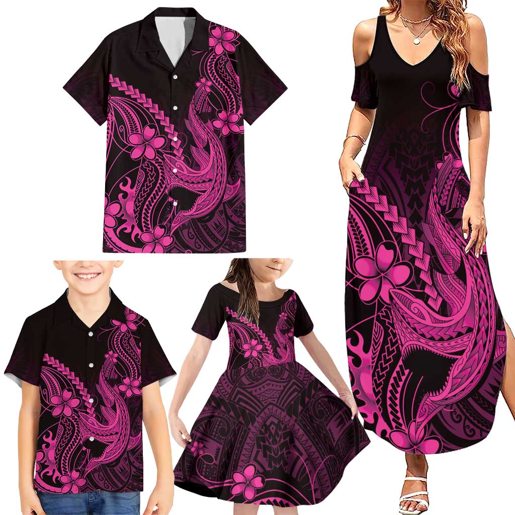 Pink Black Aloha Hawaii Family Matching Summer Maxi Dress and Hawaiian Shirt Polynesian Shark Tattoo With Plumeria - Polynesian Pride