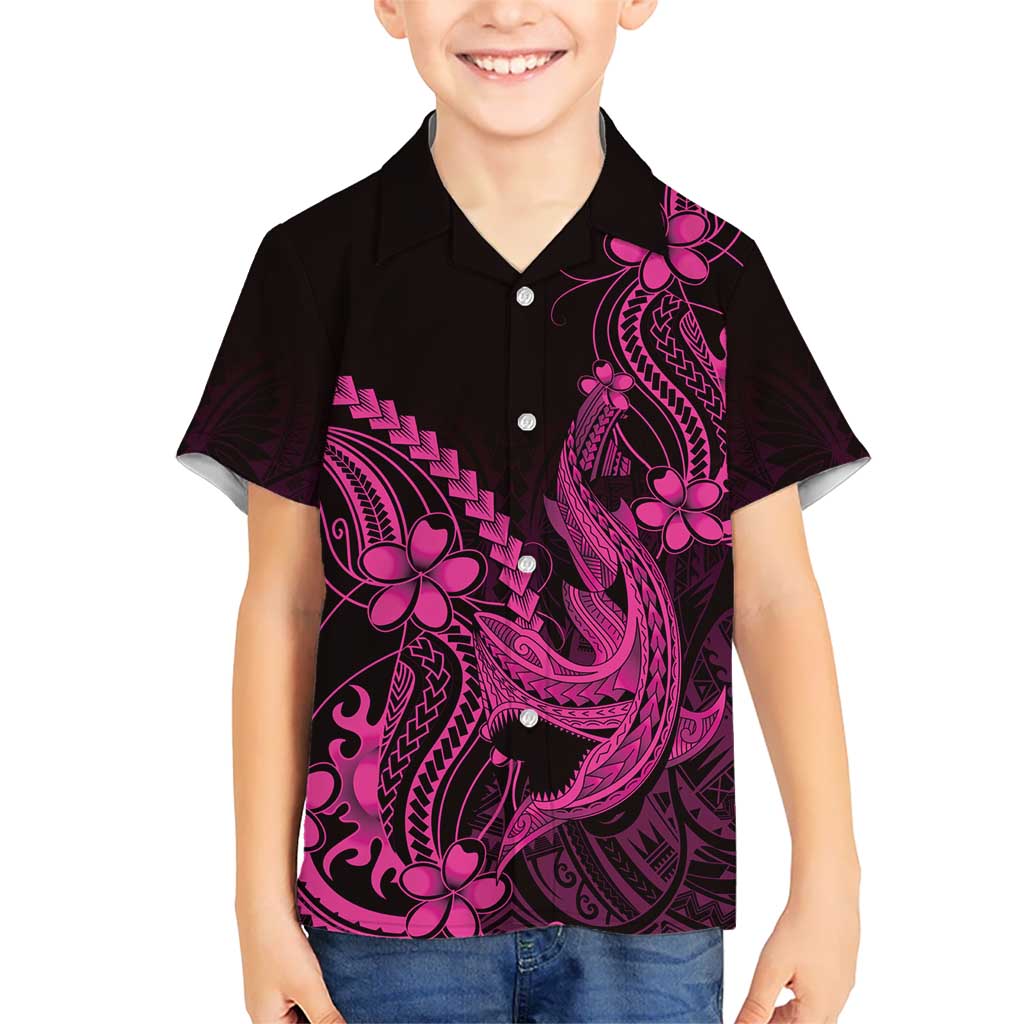 Pink Black Aloha Hawaii Family Matching Summer Maxi Dress and Hawaiian Shirt Polynesian Shark Tattoo With Plumeria LT14 Son's Shirt Pink - Polynesian Pride