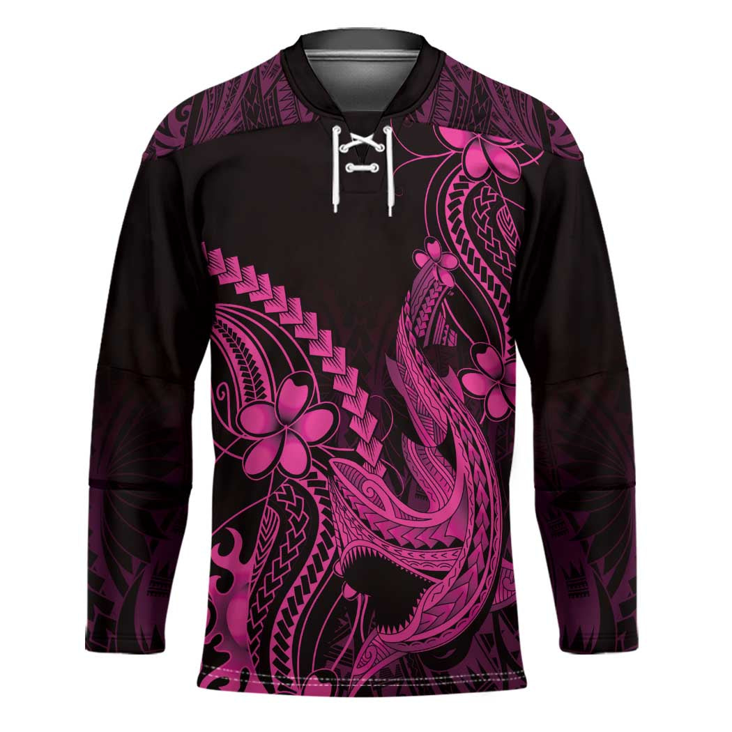 Pink Black Aloha Hawaii Hockey Jersey Polynesian Shark Tattoo With Plumeria - Polynesian Pride
