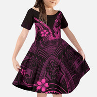 Pink Black Aloha Hawaii Kid Short Sleeve Dress Polynesian Shark Tattoo With Plumeria - Polynesian Pride