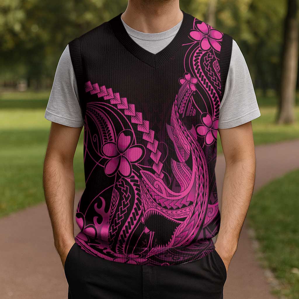 Pink Black Aloha Hawaii Christmas Knitted V-Neck Vest Polynesian Shark Tattoo With Plumeria LT14 - Polynesian Pride
