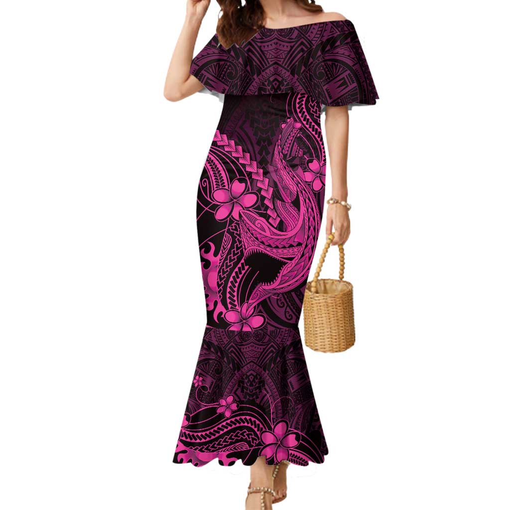 Pink Black Aloha Hawaii Mermaid Dress Polynesian Shark Tattoo With Plumeria - Polynesian Pride
