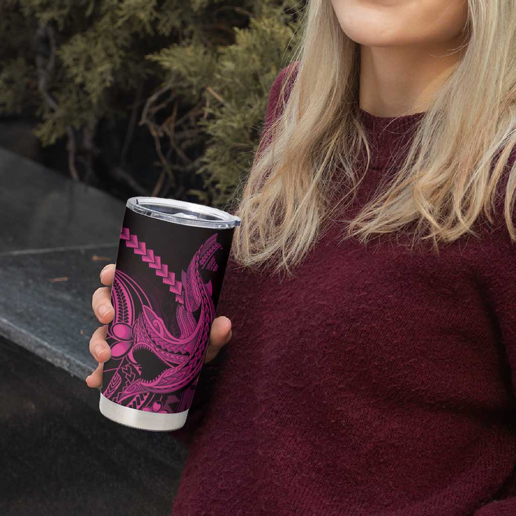 Pink Black Aloha Hawaii Tumbler Cup Polynesian Shark Tattoo With Plumeria - Polynesian Pride