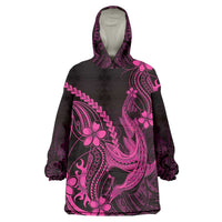 Pink Black Aloha Hawaii Wearable Blanket Hoodie Polynesian Shark Tattoo With Plumeria LT14 One Size Pink - Polynesian Pride