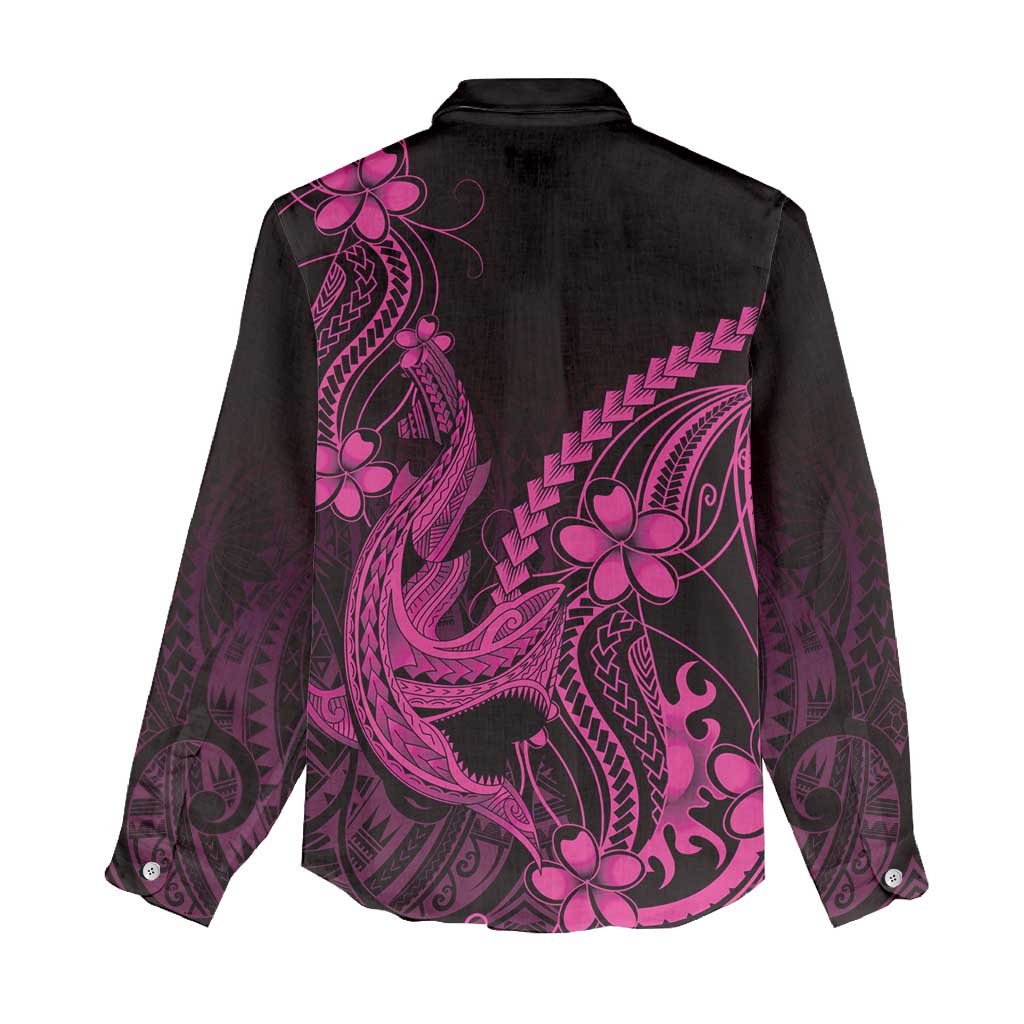 Pink Black Aloha Hawaii Women Casual Shirt Polynesian Shark Tattoo With Plumeria LT14 - Polynesian Pride