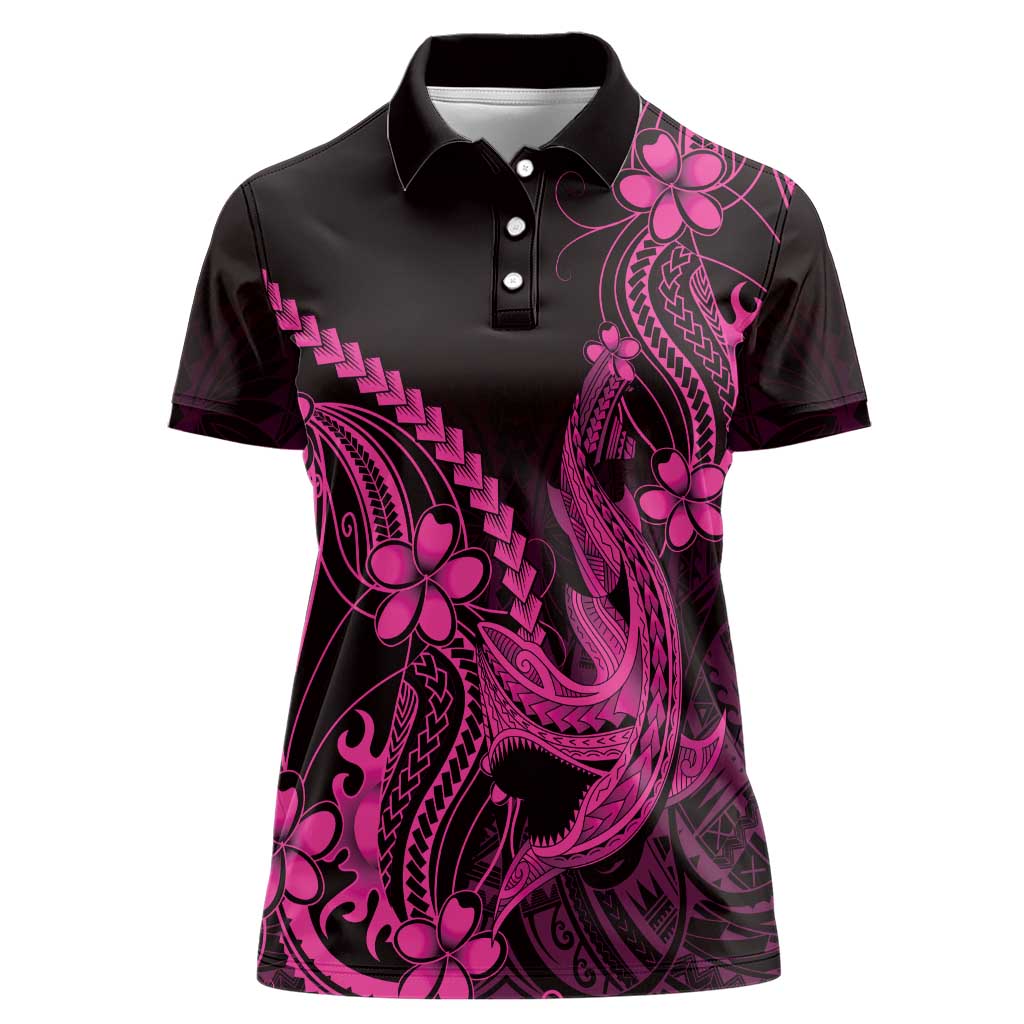 Pink Black Aloha Hawaii Women Polo Shirt Polynesian Shark Tattoo With Plumeria LT14 Female Pink - Polynesian Pride