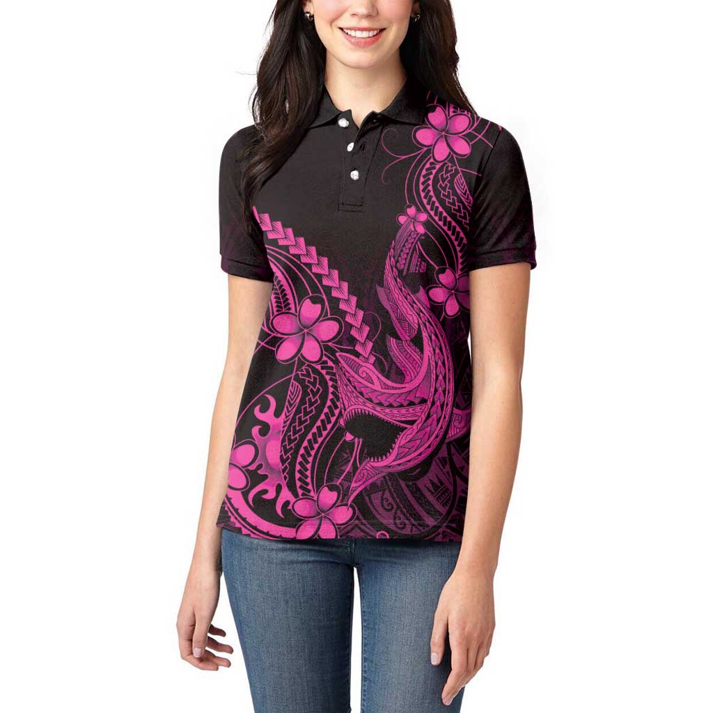 Pink Black Aloha Hawaii Women Polo Shirt Polynesian Shark Tattoo With Plumeria LT14 - Polynesian Pride