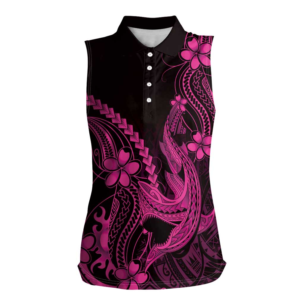 Pink Black Aloha Hawaii Women Sleeveless Polo Shirt Polynesian Shark Tattoo With Plumeria LT14 Female Pink - Polynesian Pride