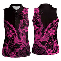Pink Black Aloha Hawaii Women Sleeveless Polo Shirt Polynesian Shark Tattoo With Plumeria LT14 - Polynesian Pride