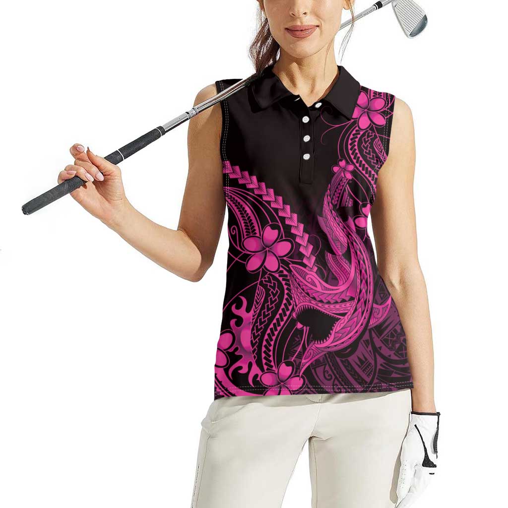 Pink Black Aloha Hawaii Women Sleeveless Polo Shirt Polynesian Shark Tattoo With Plumeria LT14 - Polynesian Pride