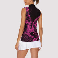 Pink Black Aloha Hawaii Women Sleeveless Polo Shirt Polynesian Shark Tattoo With Plumeria LT14 - Polynesian Pride