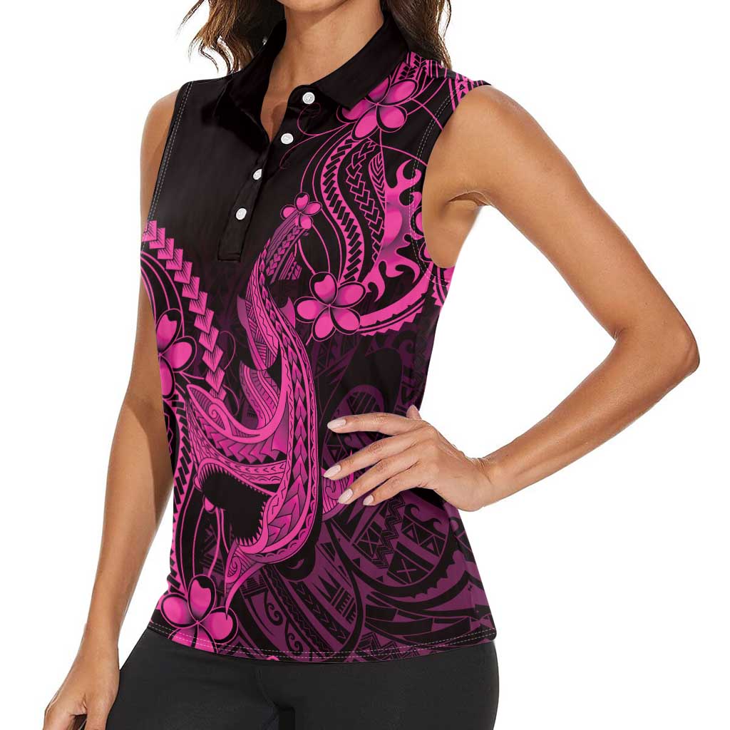Pink Black Aloha Hawaii Women Sleeveless Polo Shirt Polynesian Shark Tattoo With Plumeria LT14 - Polynesian Pride