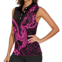 Pink Black Aloha Hawaii Women Sleeveless Polo Shirt Polynesian Shark Tattoo With Plumeria LT14 - Polynesian Pride
