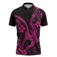 Pink Black Aloha Hawaii Zipper Polo Shirt Polynesian Shark Tattoo With Plumeria LT14 Pink - Polynesian Pride