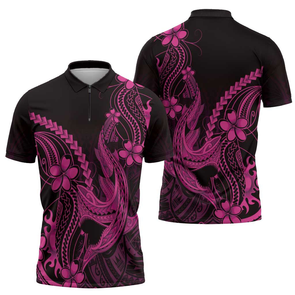 Pink Black Aloha Hawaii Zipper Polo Shirt Polynesian Shark Tattoo With Plumeria LT14 - Polynesian Pride
