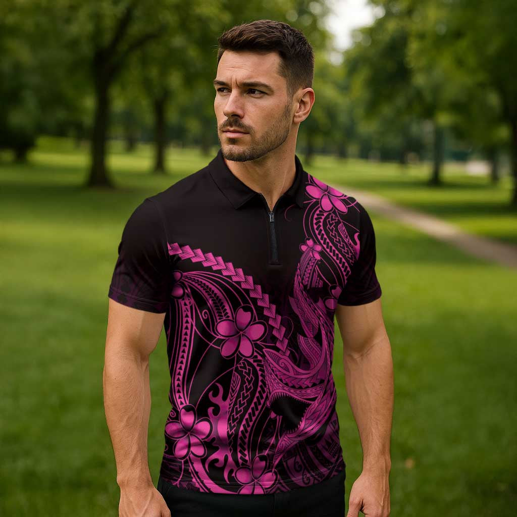 Pink Black Aloha Hawaii Zipper Polo Shirt Polynesian Shark Tattoo With Plumeria LT14 - Polynesian Pride