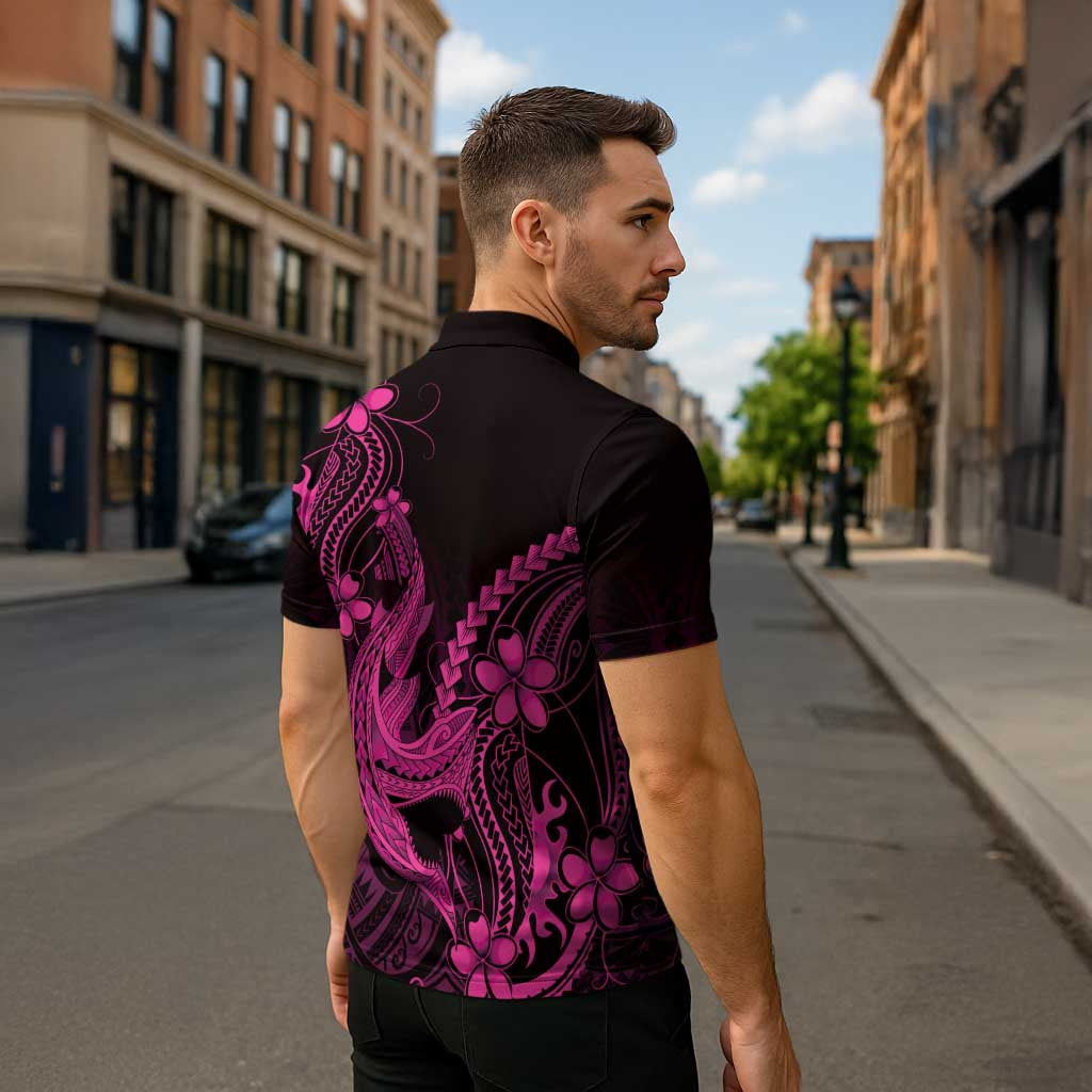 Pink Black Aloha Hawaii Zipper Polo Shirt Polynesian Shark Tattoo With Plumeria LT14 - Polynesian Pride